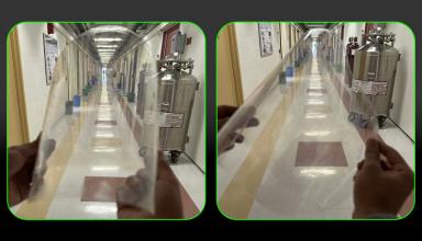 side by side images of transparent wafers in hallway