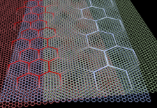 Image of a moiré quasicrystal (center column) created by three overlapping sheets of atomically thin graphene.