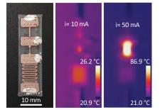 The 3D-printed device is only 10mm wide with visible, goopy texture. Two heat map images show changes in heat it can endure.