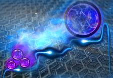 hexagonal boron nitride (hBN) moire superlattice, electrons (blue ball) interact with each other strongly and behave as if they are broken into fractional charges.