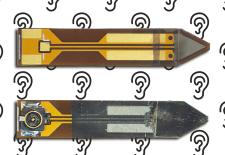 Pictured are the two sides of a prototype for the implantable microphone.