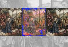 At left is the damaged piece, with the middle panel showing a map of the different kinds of damage present, At right is the restored painting with the applied laminate mask