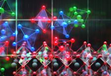 This image shows perovskite photovoltaics in the background with individual perovskite crystals shown as the colorful units.